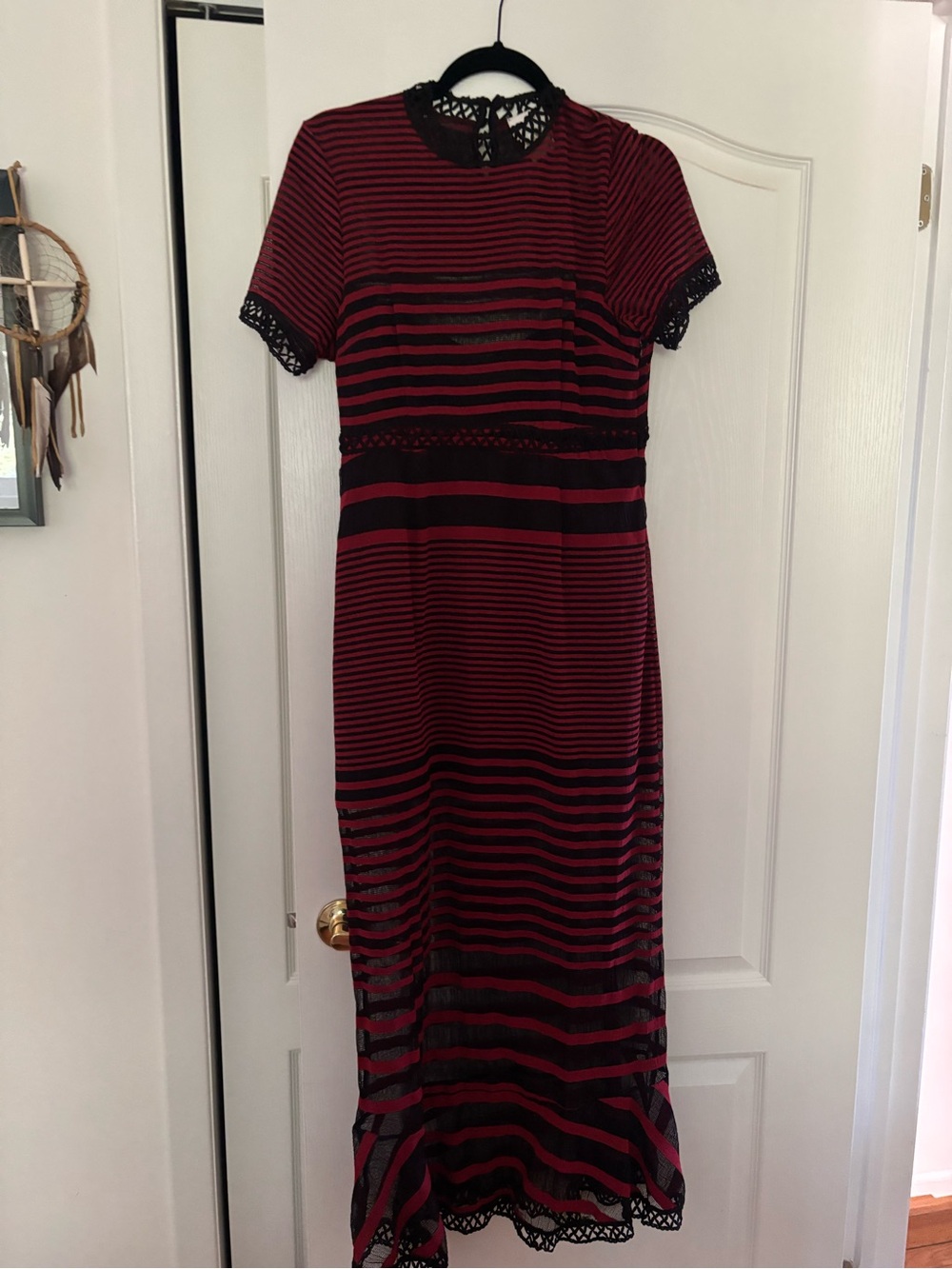foxiedox Red and Black Striped Lace-Trim Maxi Dress
